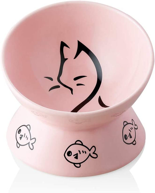 Raised Cat Bowl for Dry Wet Cat Food, Ceramic Elevated Pet Bowl Cat Dish, Protect Cat'S Spine, Stress Free, Slanted Design for Cat Easy Eating, 10 Oz, Dishwasher Safe (Pink)